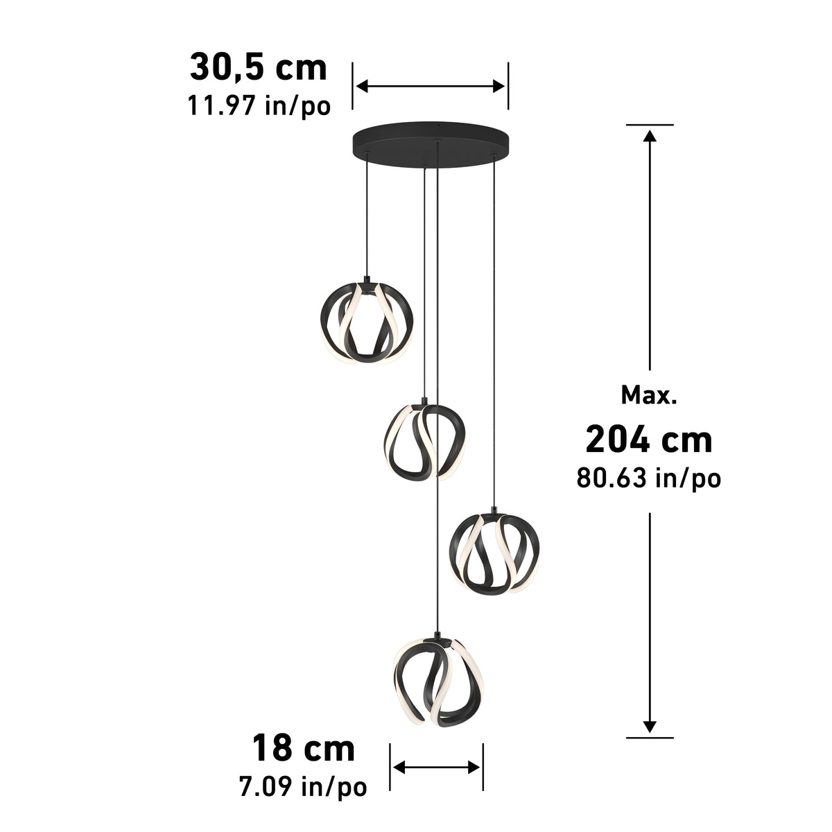 Modern pendant light fixture with three suspended circular LED lights in black and white. Dimensions are labeled: base width 30.5 cm, pendant height up to 204 cm, and light diameter 18 cm.