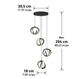 Modern pendant light fixture with three suspended circular LED lights in black and white. Dimensions are labeled: base width 30.5 cm, pendant height up to 204 cm, and light diameter 18 cm.