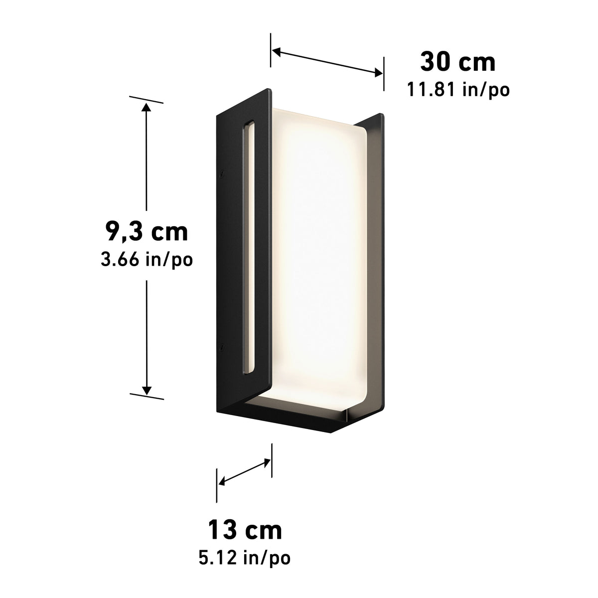 The Artika Ryker smart RGB indoor-outdoor wall light features a modern black rectangular design with an illuminated center and open side. Dimensions: 30 cm (11.8), 13 cm (5.1) depth, 9.3 cm (3.7) width.