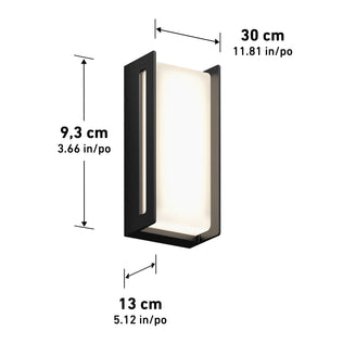 The Artika Ryker smart RGB indoor-outdoor wall light features a modern black rectangular design with an illuminated center and open side. Dimensions: 30 cm (11.8), 13 cm (5.1) depth, 9.3 cm (3.7) width.