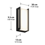 A black wall-mounted light fixture with a rectangular shape. Dimensions are labeled: height 30 cm (11.81 in), width 9.3 cm (3.66 in), and depth 13 cm (5.12 in). The fixture emits light from its inner surface.