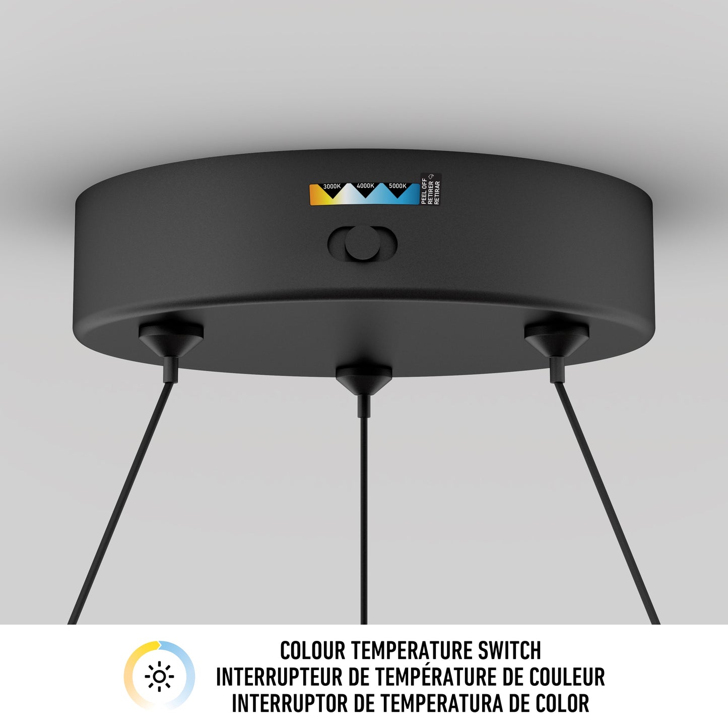 The Artika-CAN-dev Vance modern LED pendant light 3 CCT is a circular black fixture with three hanging cords, a color temperature switch and settings diagram, plus multilingual text explaining the Colour Temperature Switch.