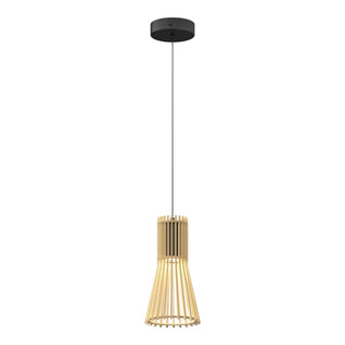 The Artika Kiyo modern LED pendant 3 CCT features a black ceiling mount, long black cord, and a flared, open-slatted wooden lampshade for a stylish look.