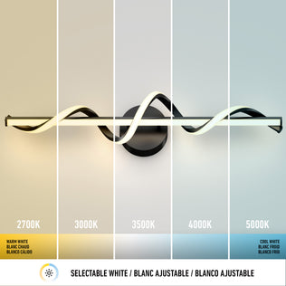 The Artika Coda 27-in Integrated LED 5-CCT Vanity Light Bar for Bathroom displays five color temperatures (2700K–5000K), each section labeled with a distinct hue, making it an ideal dimmable sconce for your bathroom vanity.