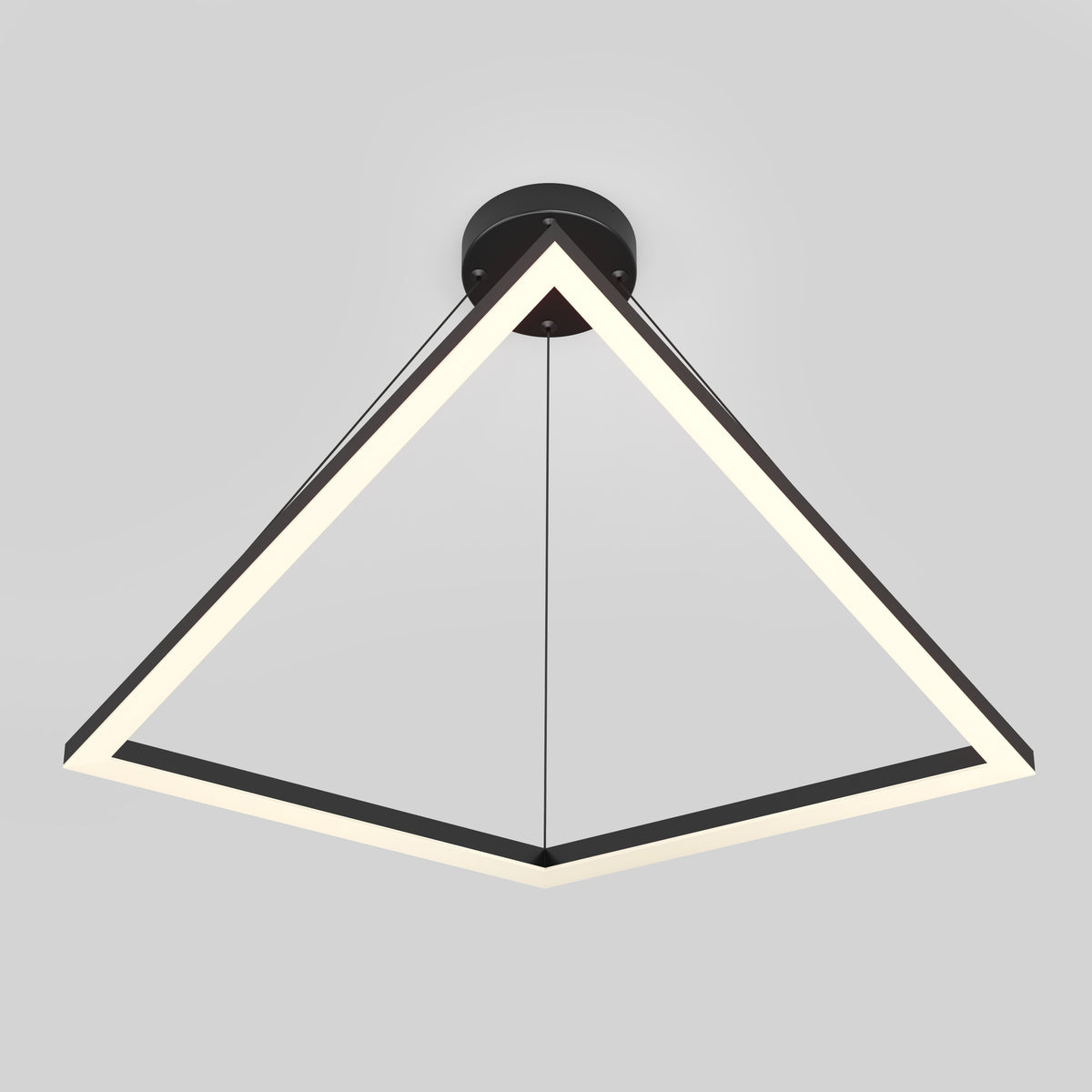 A modern, geometric pendant light fixture with a glowing triangular frame suspended from a round black ceiling mount against a plain light gray background.