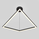 A modern, geometric pendant light fixture with a glowing triangular frame suspended from a round black ceiling mount against a plain light gray background.