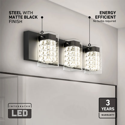 The Artika Crystal Cube LED bathroom vanity light features three crystal-like LEDs on a matte black steel base for modern style above your mirror. Enjoy energy efficiency, integrated LED technology, and a 3-year warranty.