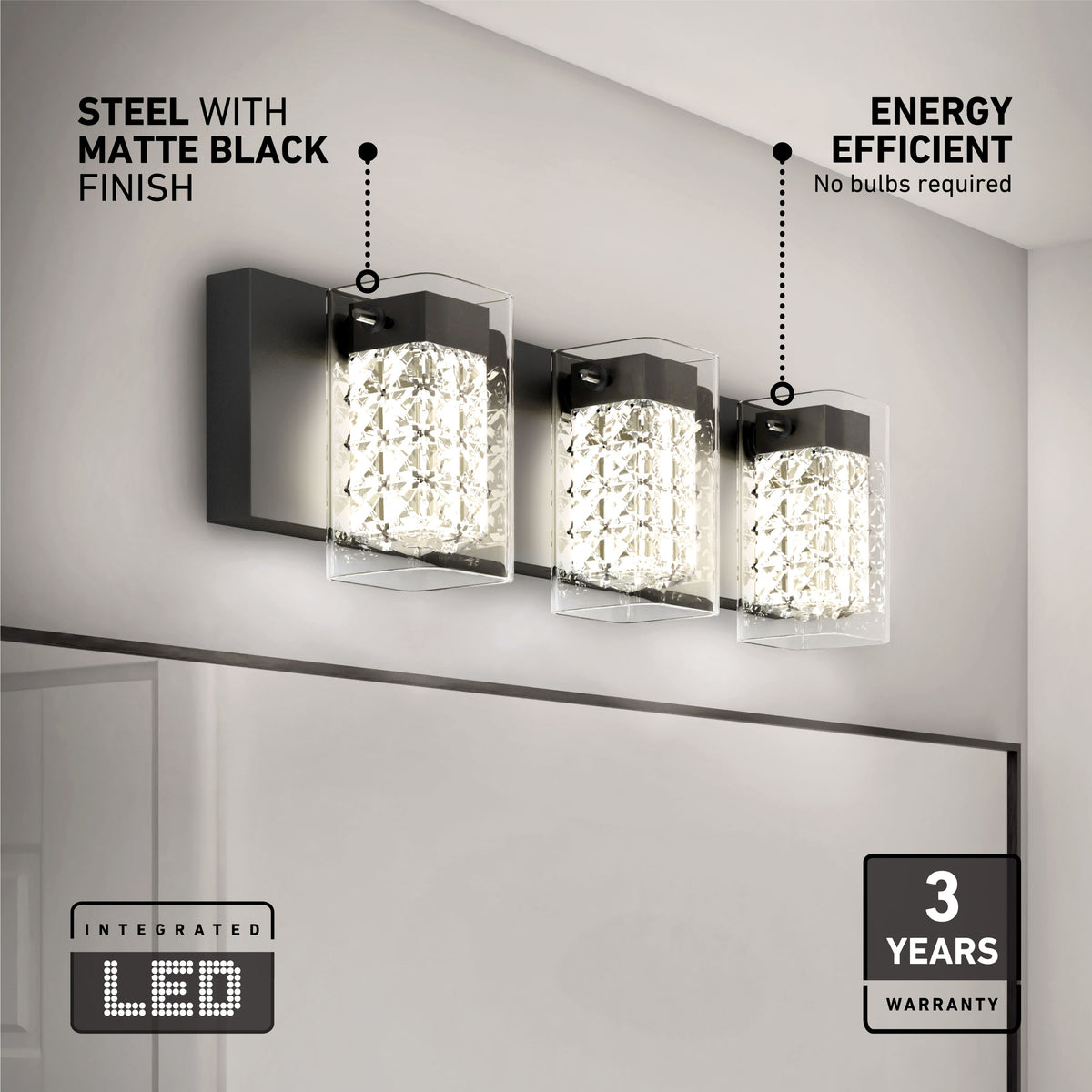 Crystal Cube 21 pulg (53 cm) luminario de vanidad de 3 luces LED moderno 5 TCL para baño