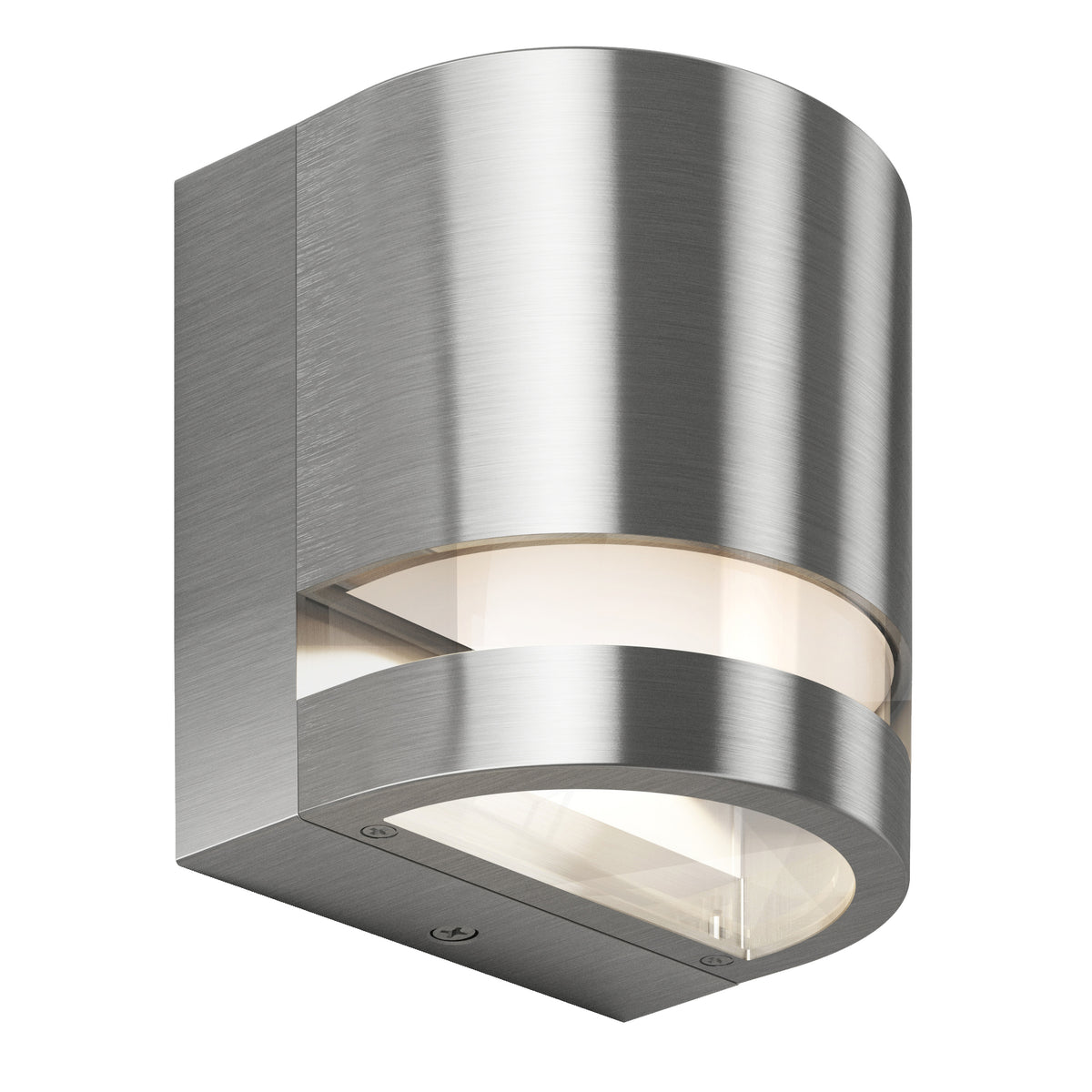 A modern, cylindrical brushed metal wall sconce with a frosted glass cover, mounted on a white background. The fixture has a sleek, minimalist design with gently rounded edges.