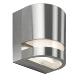 A modern, cylindrical brushed metal wall sconce with a frosted glass cover, mounted on a white background. The fixture has a sleek, minimalist design with gently rounded edges.