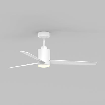 The Artika Ellison 52 in. LED modern ceiling fan features three blades, a cylindrical light fixture, and comes with a remote. Mounted on a light gray ceiling, its minimalistic design adds sleek style to any room.