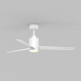 A modern white ceiling fan with three blades and a built-in light, mounted on a plain light gray ceiling.
