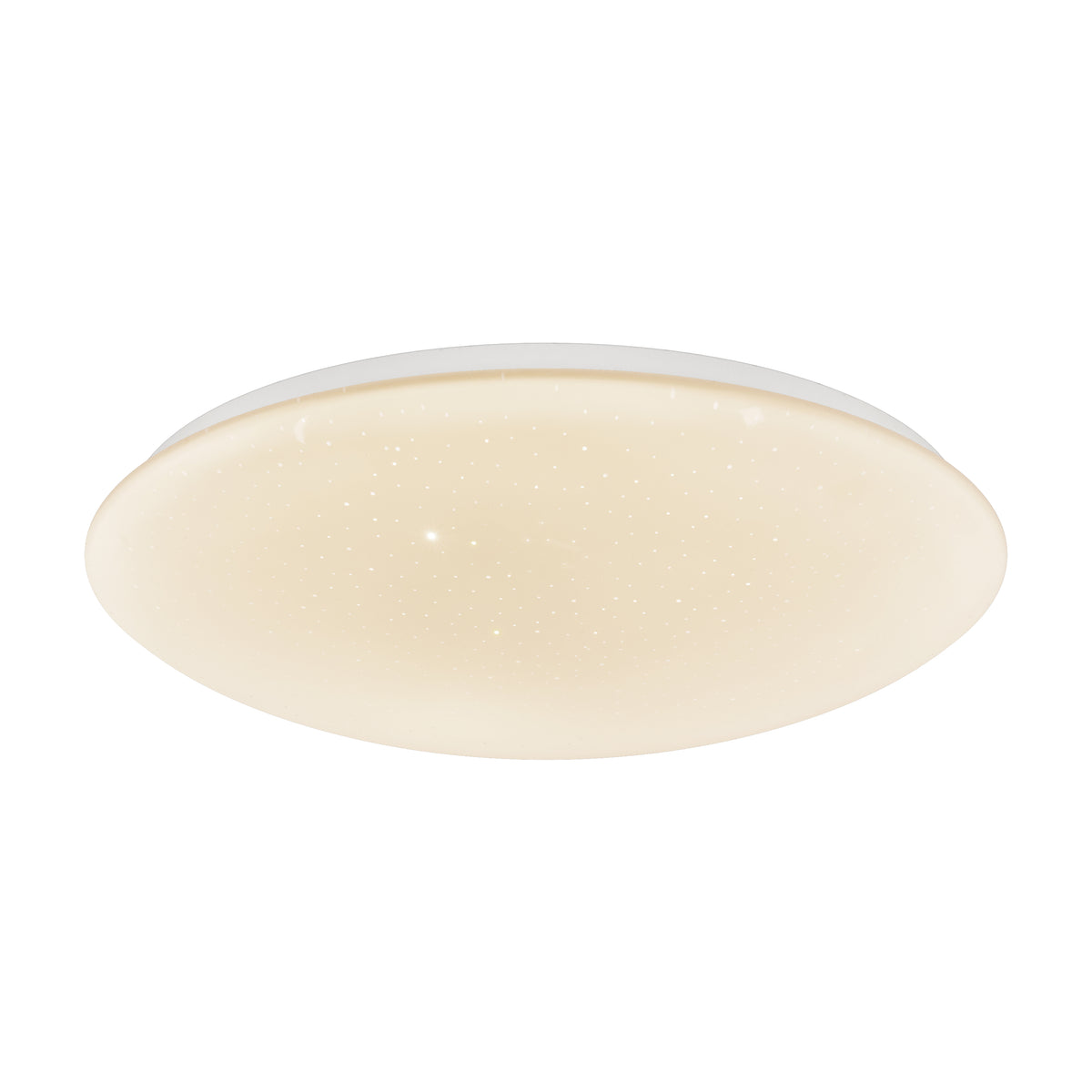 A round, flush-mounted ceiling light with a soft, warm glow and a smooth, white surface featuring tiny dotted patterns resembling stars.
