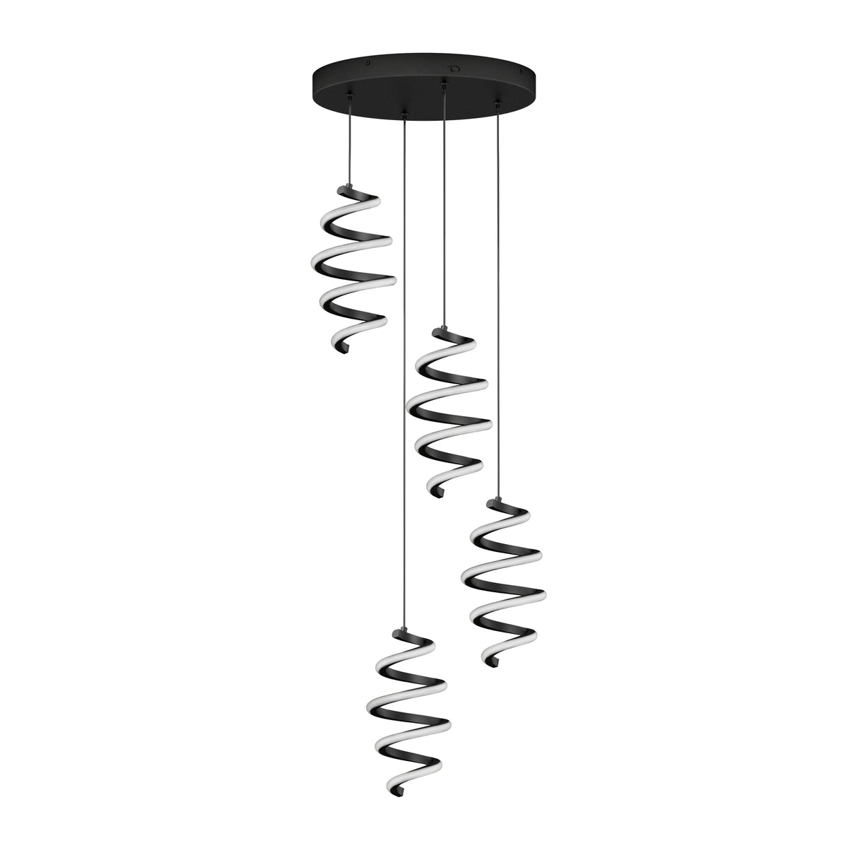 Modern ceiling pendant light fixture with three black spiral-shaped LED lights hanging at different lengths from a round black base. The design is minimalist and contemporary.