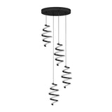 Modern ceiling pendant light fixture with three black spiral-shaped LED lights hanging at different lengths from a round black base. The design is minimalist and contemporary.