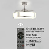 Modern ceiling fan with a built-in LED light and remote control. Text highlights features: reversible airflow, quiet motor, 2 timer presets, and dimmable light. The remote is shown with labeled buttons.
