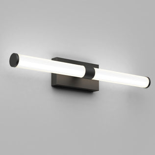 The Artika Vitoro modern LED bathroom vanity light features a sleek horizontal cylinder design and black rectangular base, ideal as an industrial wall sconce for modern home lighting against a plain gray wall.