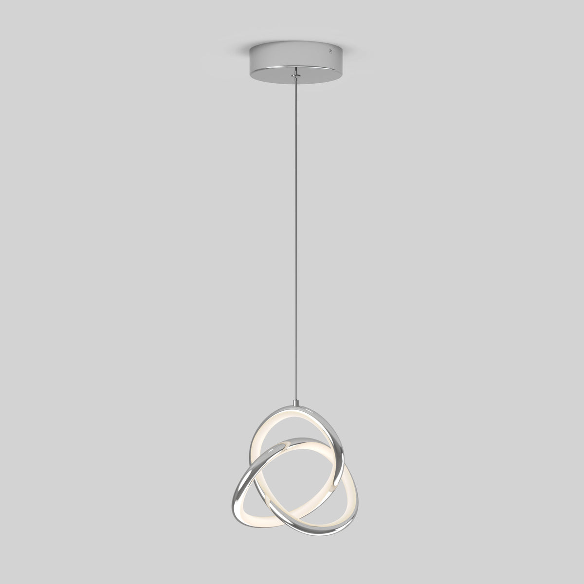 The Artika Zephyr LED pendant features three interlocking rings suspended by slim black cords from a round mount, showcased against a plain gray background.