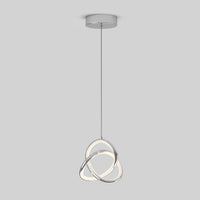 The Artika Zephyr LED pendant features three interlocking rings suspended by slim black cords from a round mount, showcased against a plain gray background.