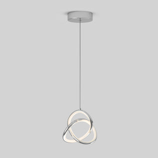 The Artika Zephyr LED pendant features three interlocking rings suspended by slim black cords from a round mount, showcased against a plain gray background.