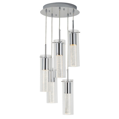 The Artika Bubble Swirl 5-light pendant features five cylindrical glass pendants suspended at different heights from a round chrome base, with chrome accents and elegant inner detailing in each pendant.