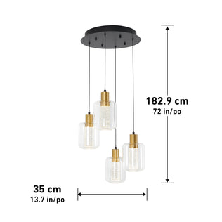 The Artika Champagne Globe 4-light LED pendant features four glass and gold lights at varying heights on a round black mount. The fixture measures 182.9 cm (72 in) tall and 35 cm (13.7 in) wide.