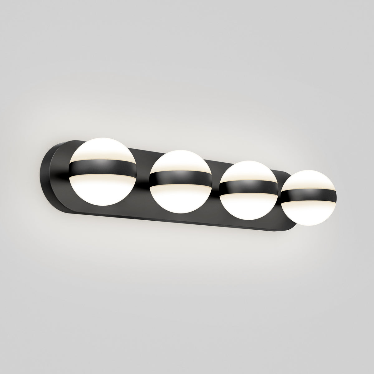 The Artika Baldric LED modern bathroom vanity light 3 CCT features four white globe lights on a black plate, ideal for mirrors.