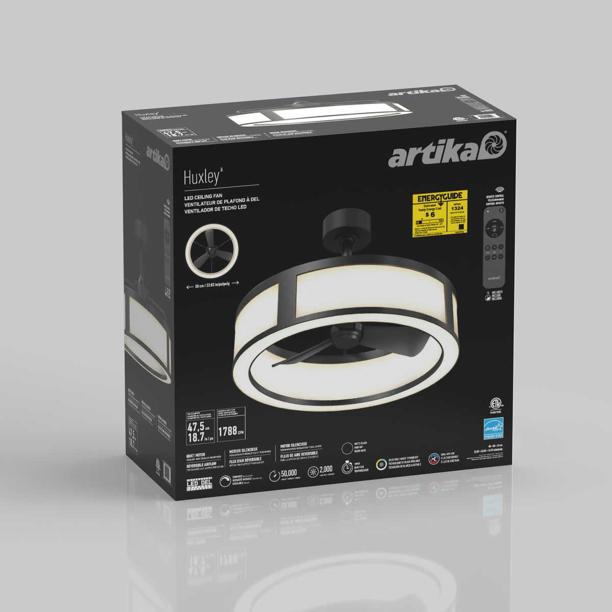 Box for an Artika Huxley LED fan, featuring an image of the circular ceiling fan with integrated light, remote control, and energy guide label on the front. The box highlights product features and specifications.