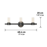 Three-light wall sconce with cylindrical glass shades, measuring 68.6 cm (27 in) wide and 20 cm (7.87 in) high. The fixture has a central round base and a horizontal bar supporting the lights.