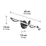 Wall-mounted light fixture with a twisted, ribbon-like LED design. Dimensions: 69 cm (27.2 in) wide, 13 cm (5.1 in) high, and 7.5 cm (3 in) deep. Measurements are indicated with arrows.