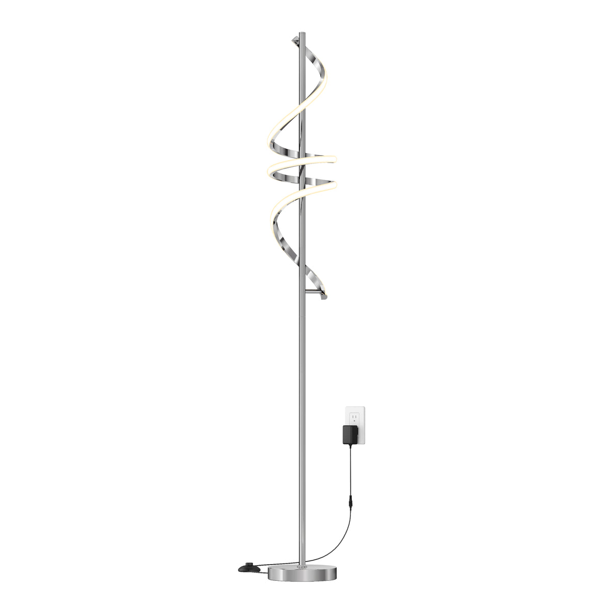 The Artika Coda modern LED floor lamp 5CCT features a spiral LED design, slim metallic stand, round base, and power cord for wall outlet use.