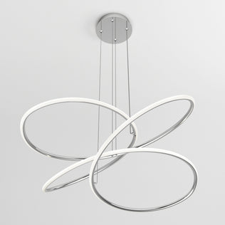 The Artika Swirl Butterfly LED contemporary pendant light features three intertwined chrome-finished rings with integrated LED strip lighting, suspended by wires from a round base; offers 3 CCT options.