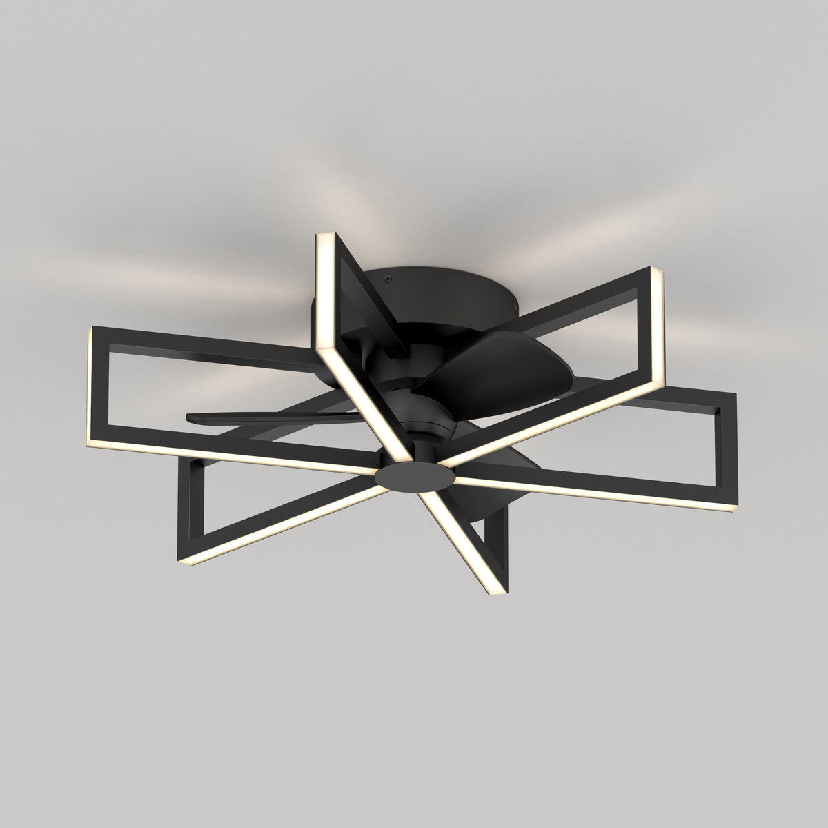 The Artika Swirl 26 in. LED modern ceiling fan features a black geometric frame with three blades set inside intersecting rectangles, mounted on a white ceiling. It includes 3 speeds and a remote control.