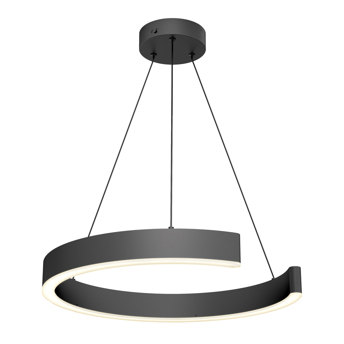 A modern, circular pendant light fixture with a matte black finish, suspended by three thin black cables. The fixture features a partially open ring design with integrated LED lighting along the inner edge.