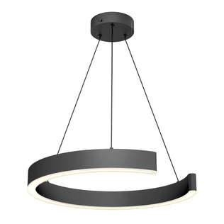 The Artika Vance modern LED pendant light 3 CCT features a circular matte black ring, partially open, with an integrated LED along the inner edge and is suspended by three slim cables for a sleek look.