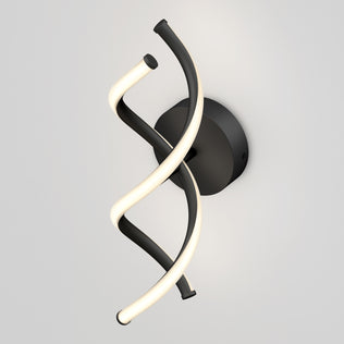The Artika DNA modern LED wall sconce 3 CCT features two intertwined spiral tubes—one glowing white, the other black—mounted on a round black base, offering striking illumination with an integrated LED light.