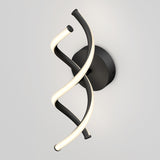 A modern wall light fixture featuring two intertwined, spiral tubes—one illuminated and white, the other black—mounted on a round black base against a plain light gray background.
