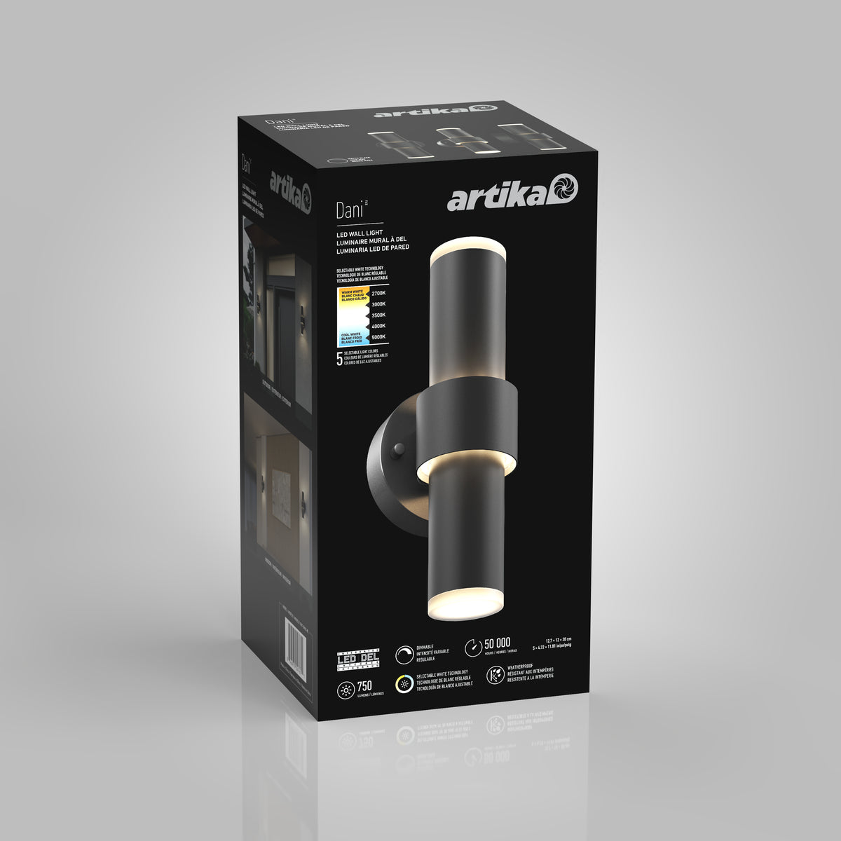 A black Artika Dani LED wall light box displaying an image of the modern cylindrical fixture, product name, specifications, and lighting features on a gray background.