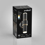 A black Artika Dani LED wall light box displaying an image of the modern cylindrical fixture, product name, specifications, and lighting features on a gray background.
