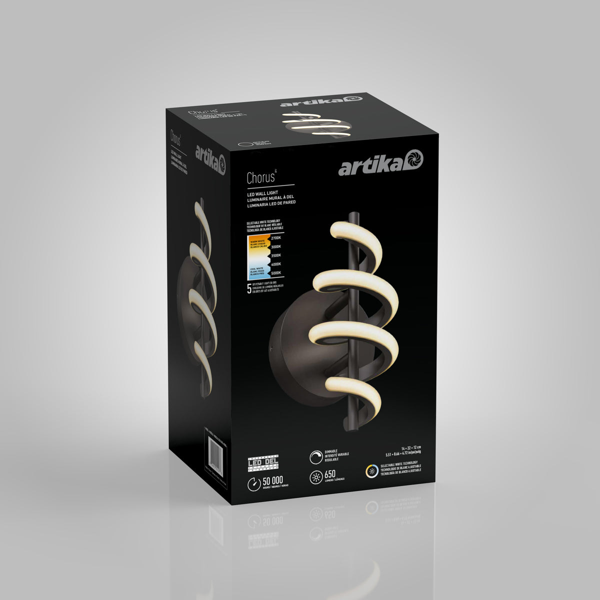 A black box with the Artika logo displays a modern wall light called “Chorus.” The light features a spiral LED design, energy information, and product details on the packaging. The background is light gray.