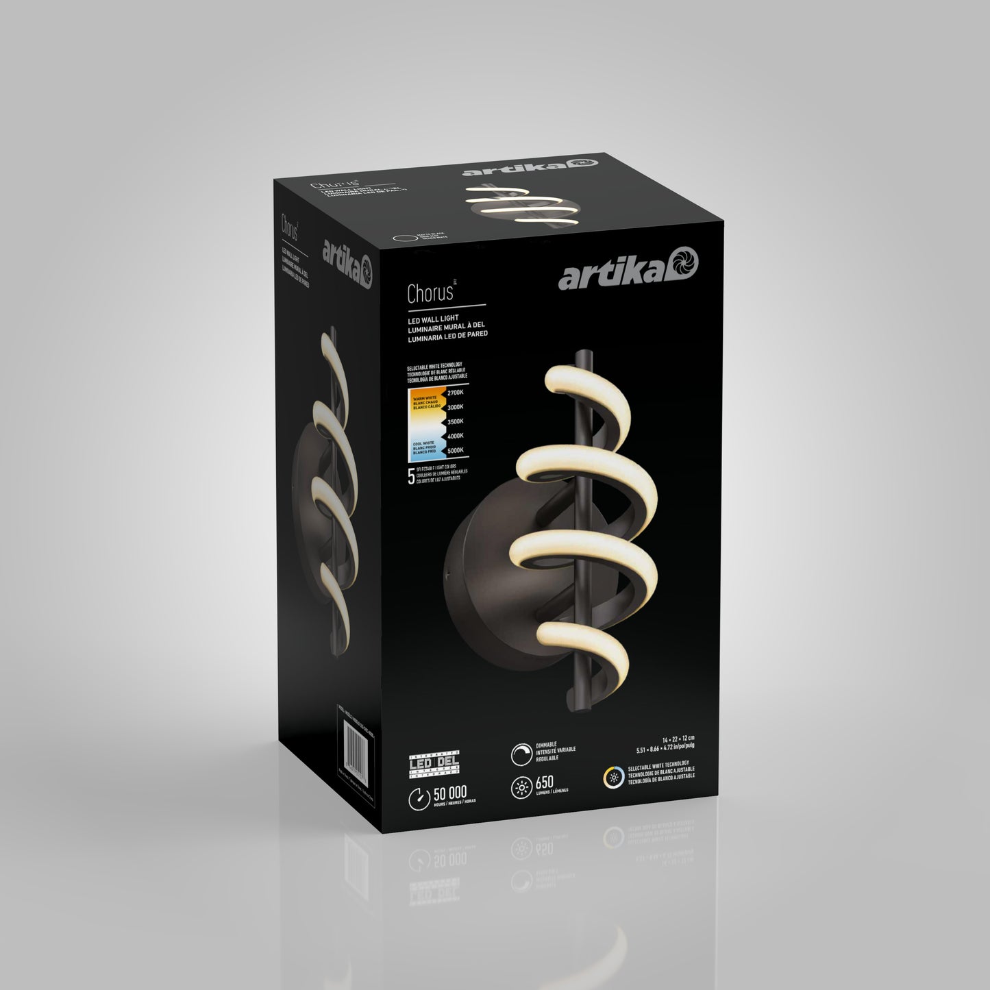 A black Artika Chorus box shows a spiral-shaped Chorus LED Wall Light with matte black base, energy rating, brightness, lifespan, and product info on a gray gradient background.