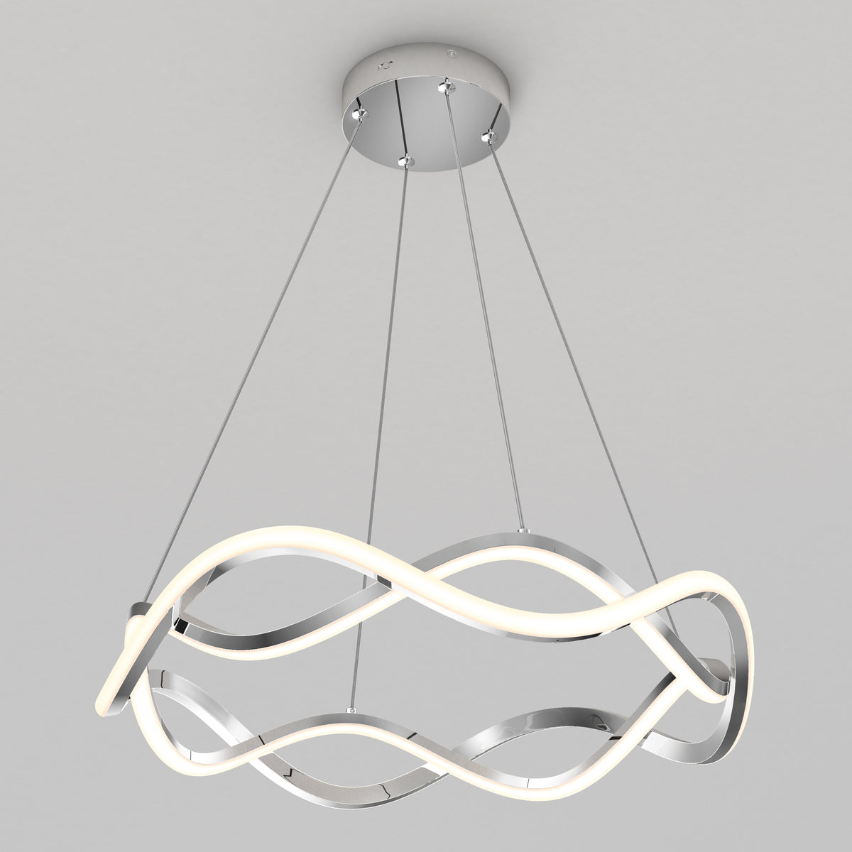 Modern ceiling light fixture with a circular, wave-like LED design in polished chrome, suspended by four thin cables from a round ceiling mount against a plain, light-colored background.