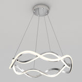 Modern ceiling light fixture with a circular, wave-like LED design in polished chrome, suspended by four thin cables from a round ceiling mount against a plain, light-colored background.