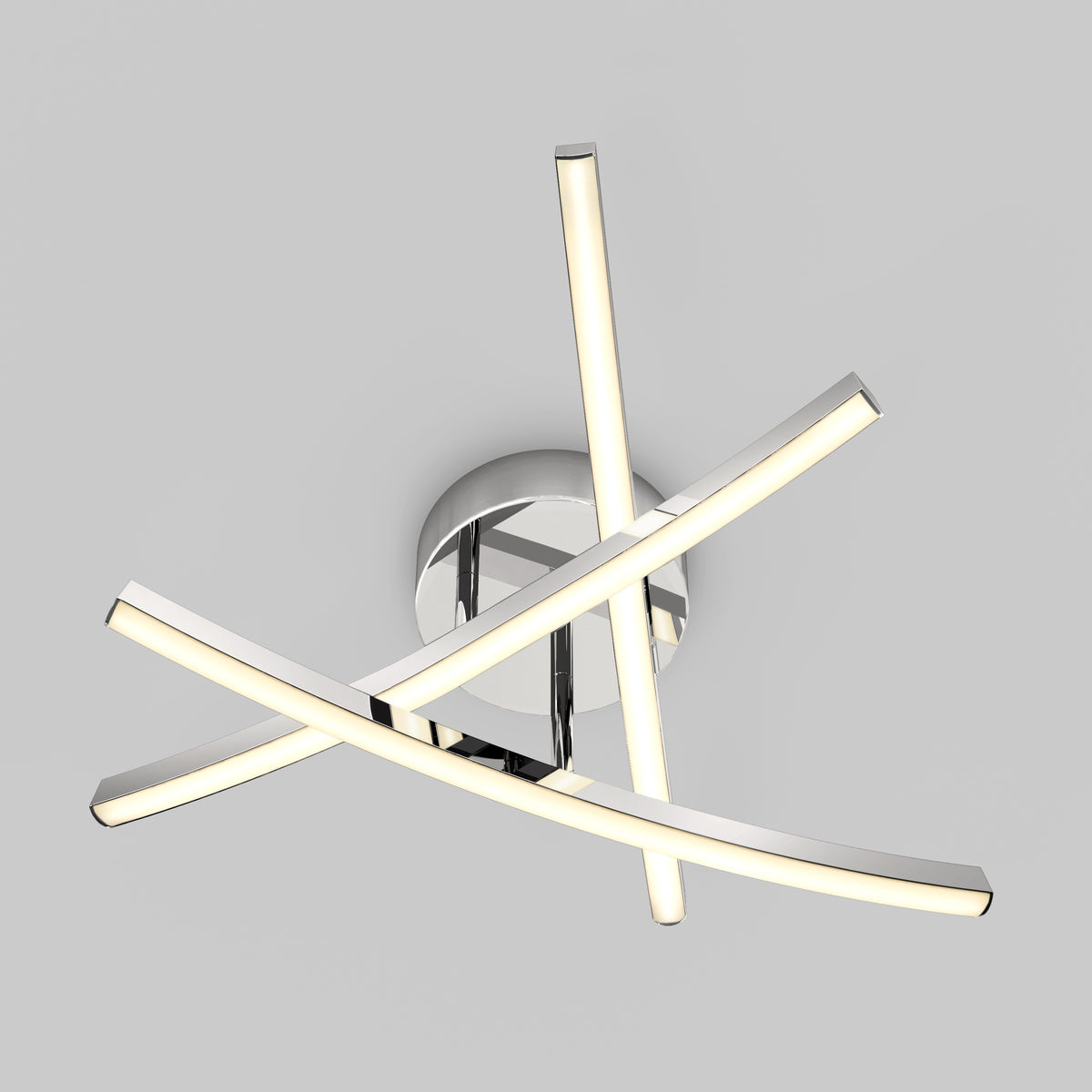 Modern ceiling light fixture with three curved, LED-illuminated metal bars intersecting at the center, mounted on a circular chrome base against a plain light gray background.