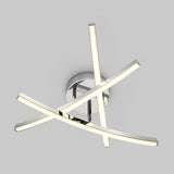 Modern ceiling light fixture with three curved, LED-illuminated metal bars intersecting at the center, mounted on a circular chrome base against a plain light gray background.
