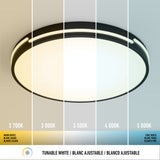 A round ceiling light is shown with five light color temperatures, ranging from warm white (2700K) on the left to cool white (5000K) on the right. Each segment displays a different white hue and its Kelvin value.