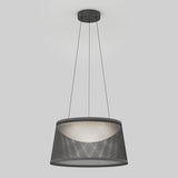 A modern pendant light with a black, mesh-patterned, conical lampshade hangs from the ceiling by three thin wires against a plain light gray background, illuminating softly.