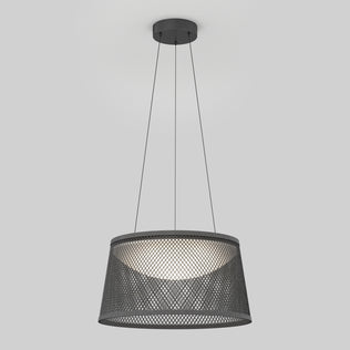 The Artika Adrian LED pendant light 3 CCT features a black mesh lampshade suspended by three thin wires, casting soft white light against a plain gray background.