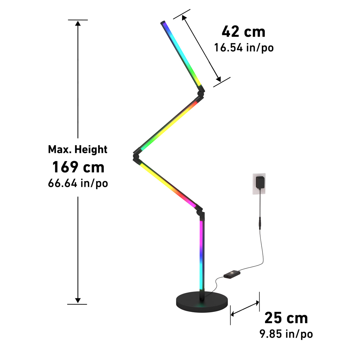 A zigzag-shaped, color-changing LED floor lamp stands on a round base. Maximum height is 169 cm (66.64 in), with each segment 42 cm (16.54 in). The base width is 25 cm (9.85 in). The lamp is plugged into a wall outlet.