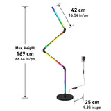A zigzag-shaped, color-changing LED floor lamp stands on a round base. Maximum height is 169 cm (66.64 in), with each segment 42 cm (16.54 in). The base width is 25 cm (9.85 in). The lamp is plugged into a wall outlet.
